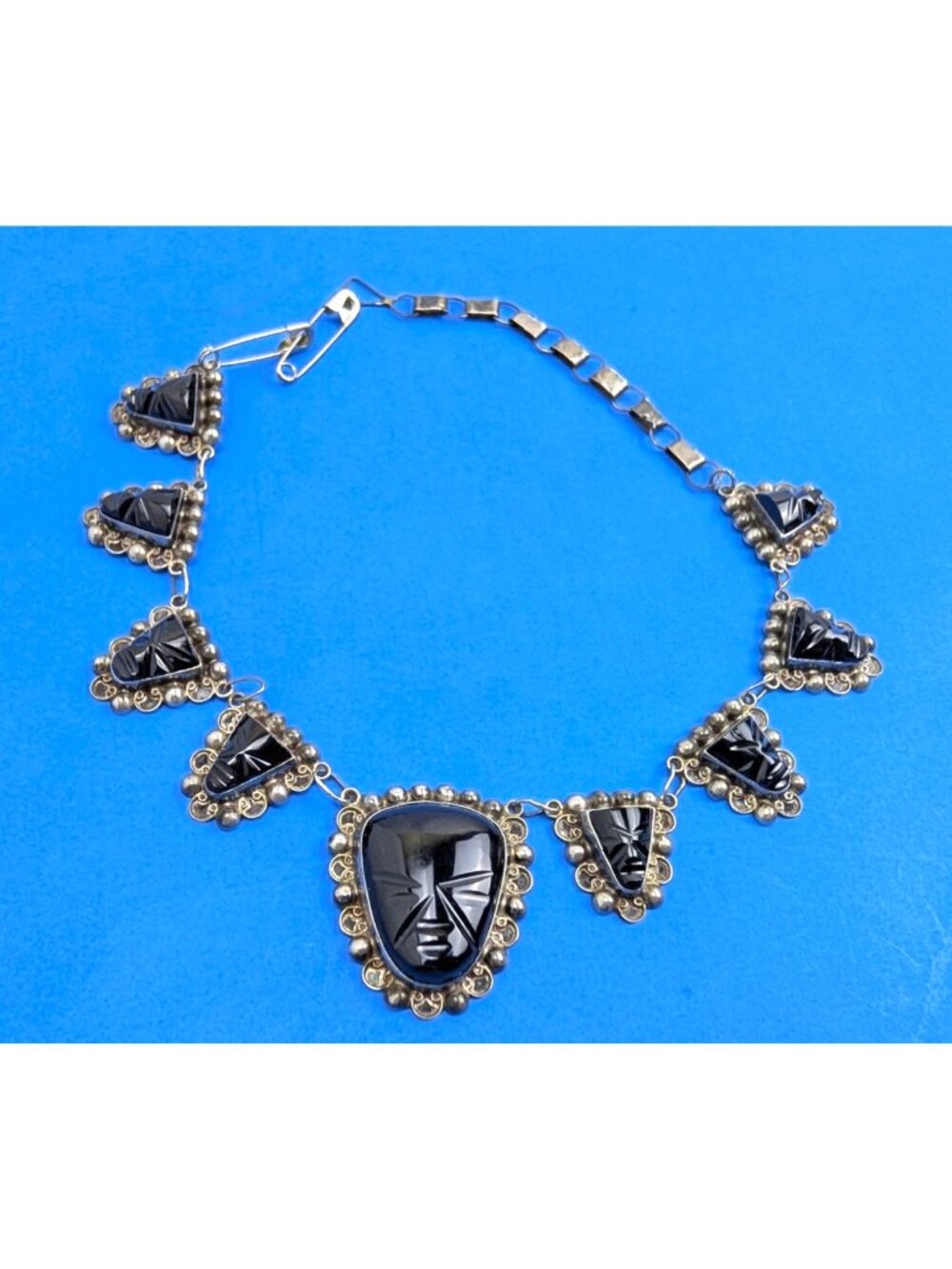 Vintage Sterling Silver Native Aztec God Face Black Onyx Choker Necklace Mexico